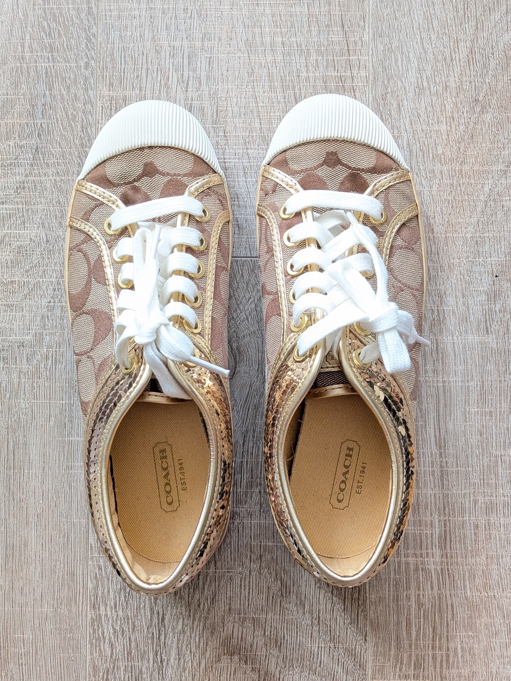 Y2K Coach Gold White Monogram Signature Canvas Zorra Sequins Sneakers 7 - Picture 3 of 7